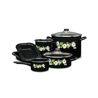 [052994] BATERÍA MALVINA 8 PZAS NEGRO BRILLANTE CRISANTEMOS NOVACERO - 317377