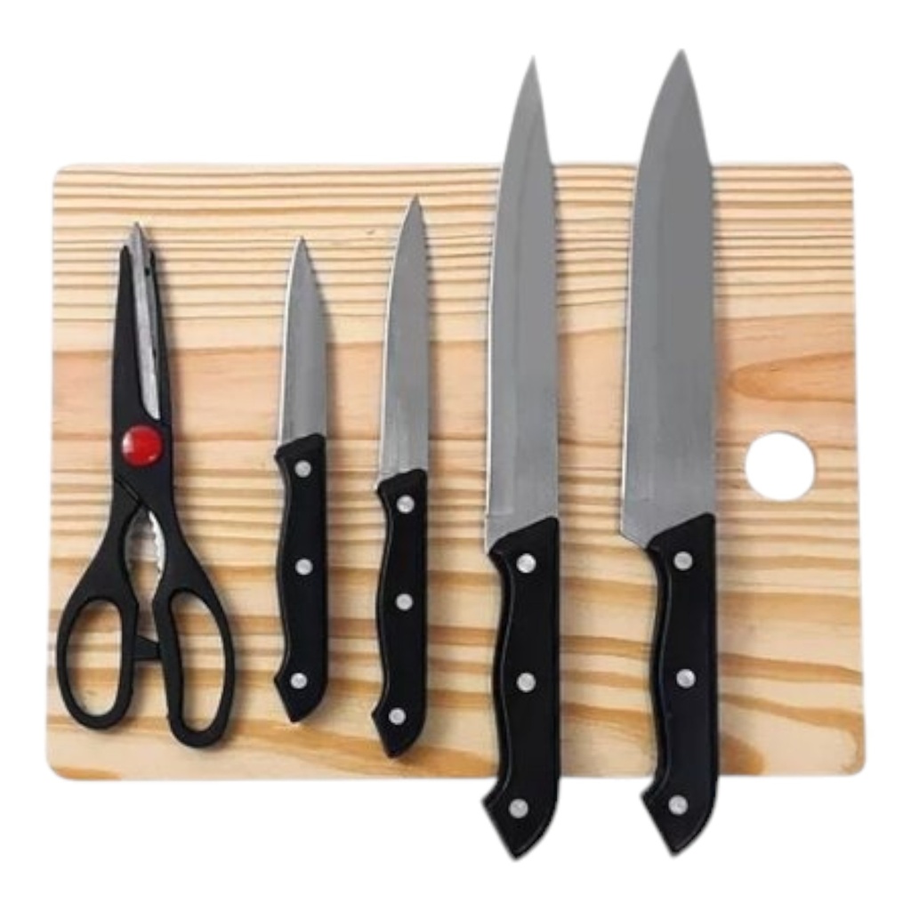 JUEGO DE 4 CUCHILLOS Y TIJERAS CON TABLA DE CORTAR - 050-001-005