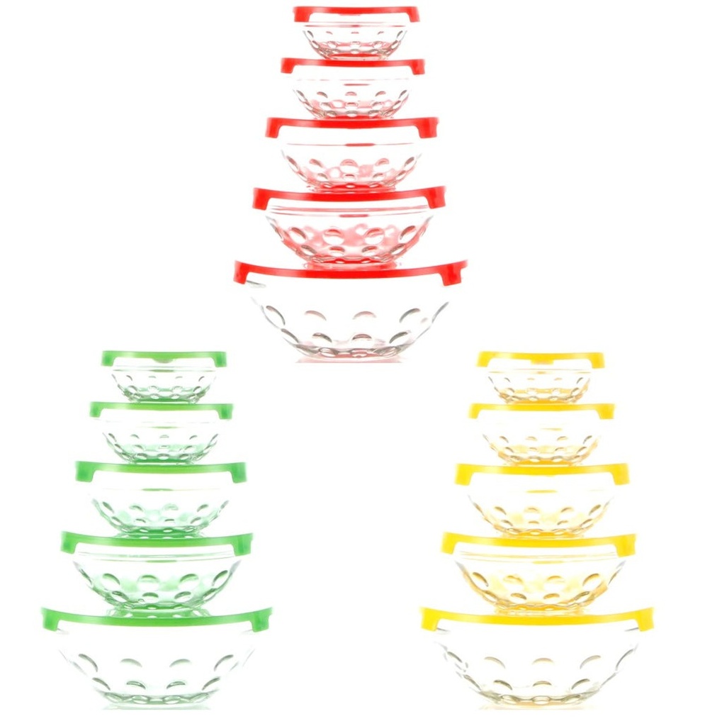 JUEGO DE 5 TAZONES DE VIDRIO CON TAPA DE PLÁSTICO - 025-001-004