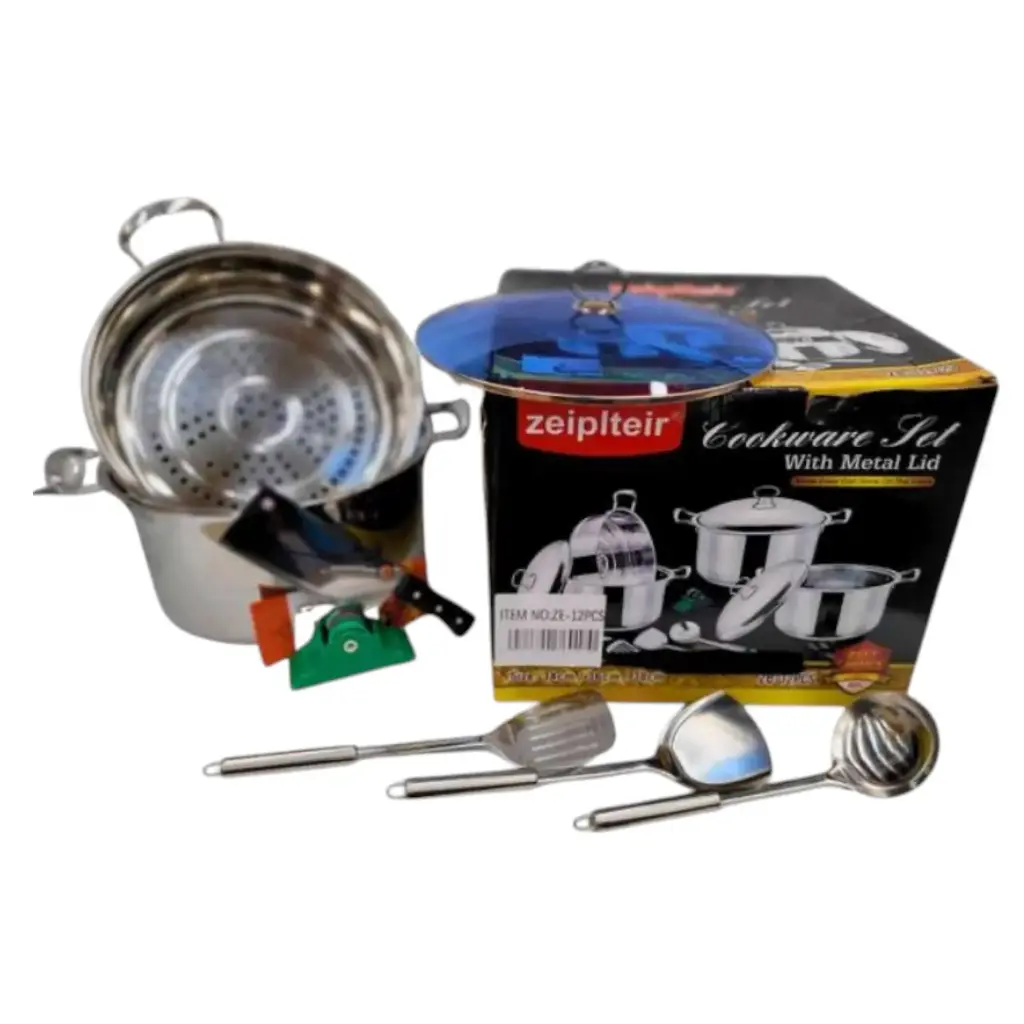 BATERIA DE ACERO INOXIDABLE DE 12 PIEZAS CON OLLAS DE 34, 36 Y 38 CON TAPA DE CRISTAL TEMPLADO Y UTENSILIOS - ZE-12PCS