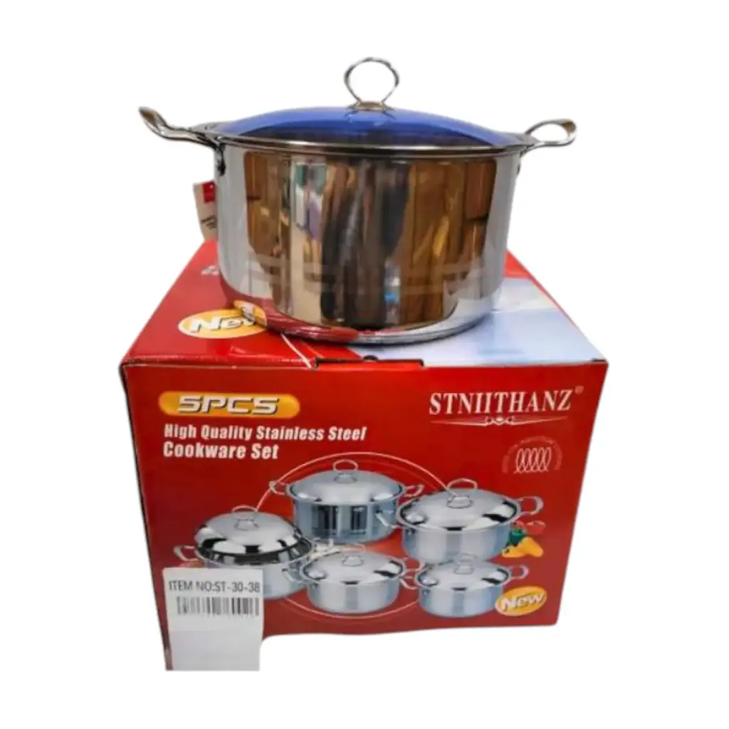 BATERIA DE ACERO INOXIDABLE DE 10 PIEZAS, OLLAS DE 30, 32, 34, 36 Y 38 cm CON TAPA DE CRISTAL TEMPLADO AZUL - ST-30-38