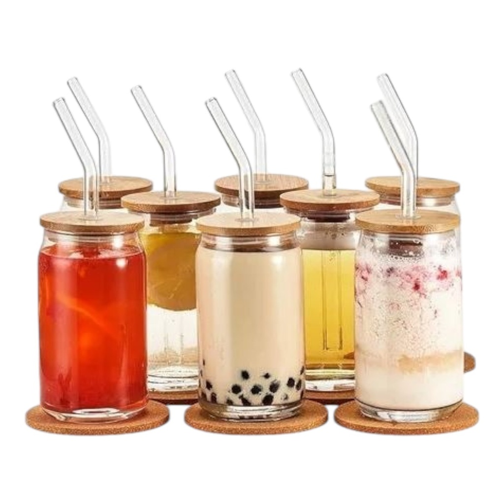 VASO DE VIDRIO LATA CON TAPA DE BAMBÚ, POPOTE DE VIDRIO Y CEPILLO - HG181C32