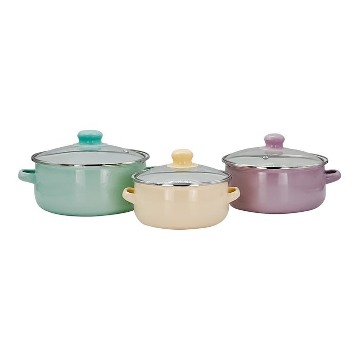 JUEGO DE 3 OLLAS DE PELTRE PASTEL CON TAPA 16, 18 y 20cm - 043-049-001