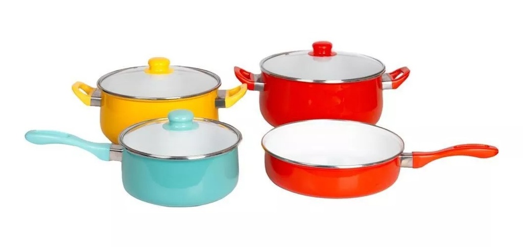 JUEGO DE OLLAS Y SARTEN DE PELTRE DE COLORES (7 PIEZAS) - Z591