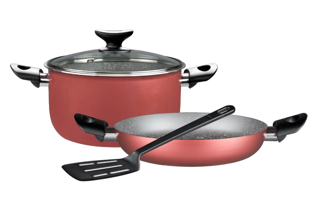 BATERIA METÁLICA 3 PIEZAS (OLLA 22 cm C/TAPA, ARROCERA 24 y ESPATULA) - 320285