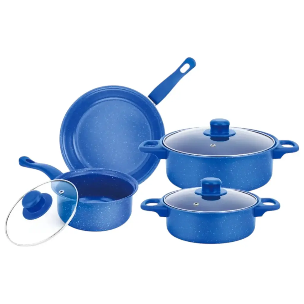 BATERÍA DE ACERO INOXIDABLE CON ACABADO TIPO PELTRE AZUL DE 7 PIEZAS - 049-007-002