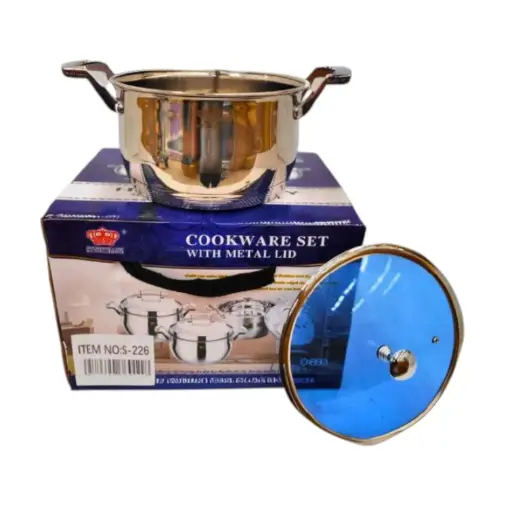 [063035] BATERIA DE ACERO INOXIDABLE DE 6 PIEZAS, OLLAS 22, 24 Y 26 cm CON TAPA DE CRISTAL TEMPLADO AZUL - S-226