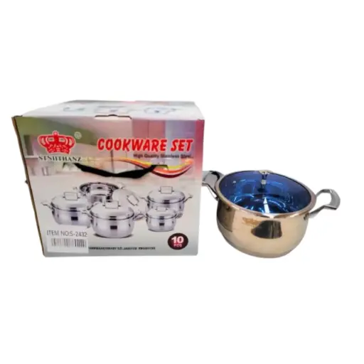 [063048] BATERIA DE ACERO INOXIDABLE DE 10 PIEZAS, OLLAS DE 24, 26, 28, 30 Y 32 CON TAPA DE CRISTAL TEMPLADO AZUL - S-2432